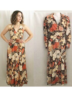 Vintage 70s Halter Maxi Dress Outfit Metallic Lurex Psychedelic Hippie Glam